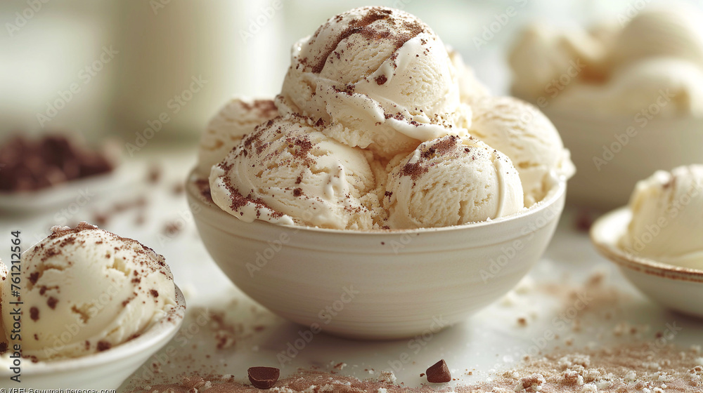 Vanilla ice cream with chocolate chips in a bowl on a light background Vanilla ice cream with chocolate chips in a bowl on a light background