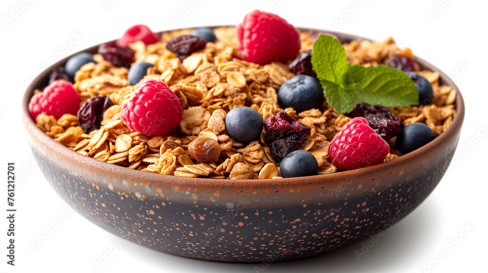 bowl of muesli with fresh berries isolated on a white background bowl of muesli with fresh berries isolated on a white background