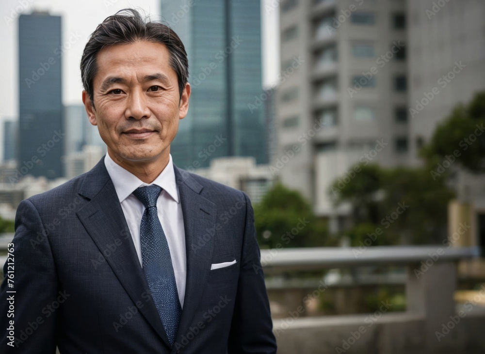 Confident Japanese leader with a vision for the future, captured against an urban skyline Confident Japanese leader with a vision for the future, captured against an urban skyline