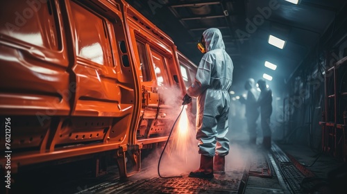 Automobile repairman in protective workwear and respirator painting