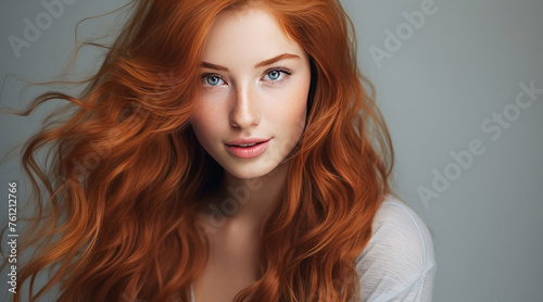 Portrait of an elegant, sexy smiling woman with perfect skin and long red hair, on a gray background, banner.
