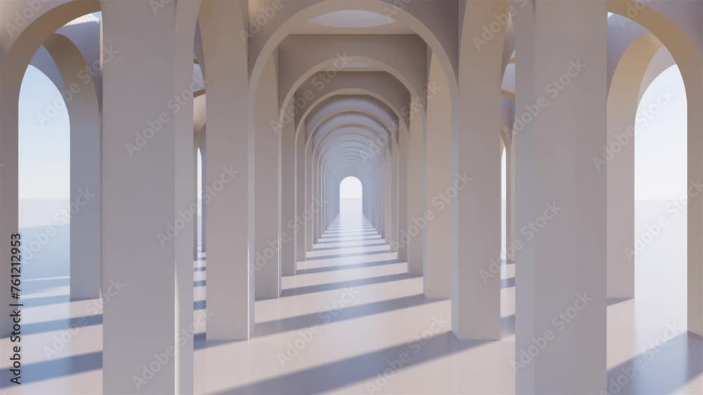 White arch background with sunlight. Architecture arcade rhythm background, 4K 3D seamless loopable animation. White arch background with sunlight. Architecture arcade rhythm background, 4K 3D seamless loopable animation.