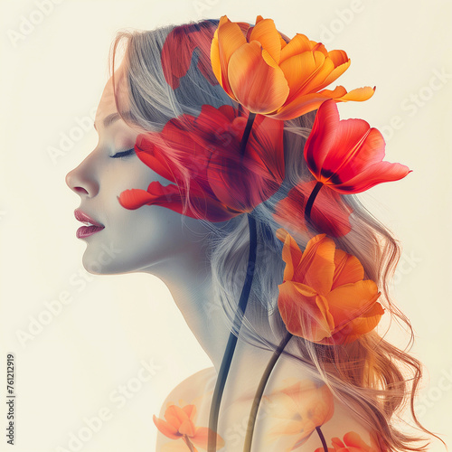 Beautiful young woman with tulip flowers in her hair. Double exposure