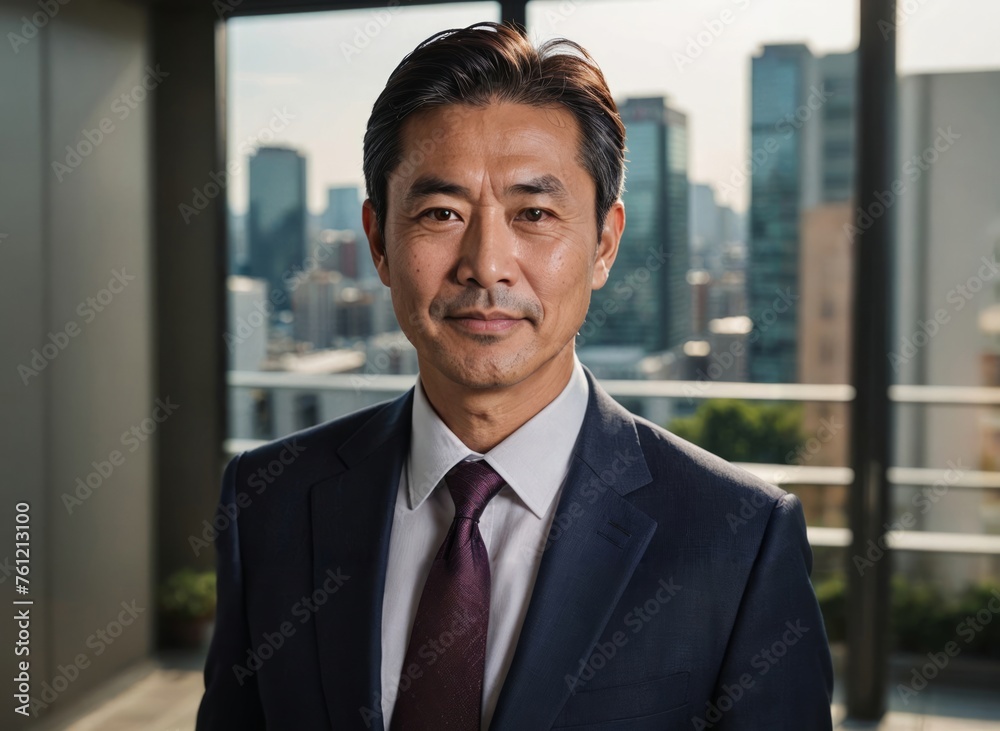 Portrait of a smiling Japanese business leader exuding expertise in a contemporary workspace Portrait of a smiling Japanese business leader exuding expertise in a contemporary workspace