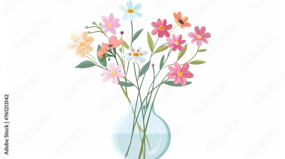 This flat modern illustration depicts a Spring, Summer blossomed wildflower sprig in a glass vase. It is made from a fragile floral plant in a field, with cut stems to decorate the interior.