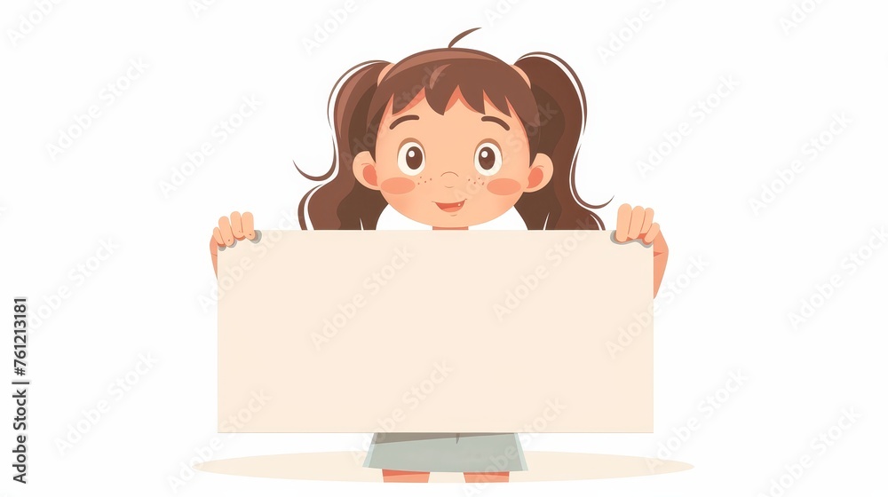Happy cute girl holding blank placard, advertising paper banner in her hands. Empty space, clean sign board, promotion card. Isolated flat graphic modern illustration. Happy cute girl holding blank placard, advertising paper banner in her hands. Empty space, clean sign board, promotion card. Isolated flat graphic modern illustration.