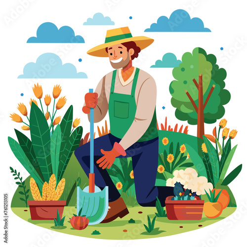 Gardener working in the garden. Vector cartoon illustration.