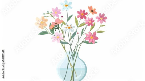 This flat modern illustration depicts a Spring  Summer blossomed wildflower sprig in a glass vase. It is made from a fragile floral plant in a field  with cut stems to decorate the interior.
