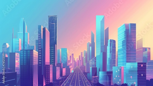 Various skyscrapers, urban architecture, tower buildings, and streets, card background. Cityscape, business districts, metropolitan areas, high buildings and skies. photo