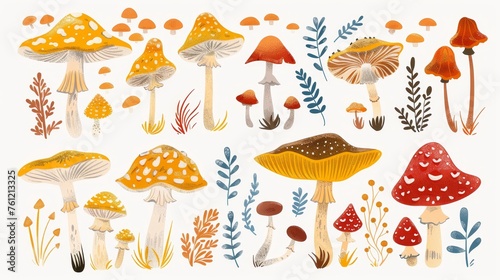 Forest fungi illustration. Autumn fall fungus, edible boletus, eryngi and amanita, caps and stalks. Modern illustration, flat modern illustration. photo