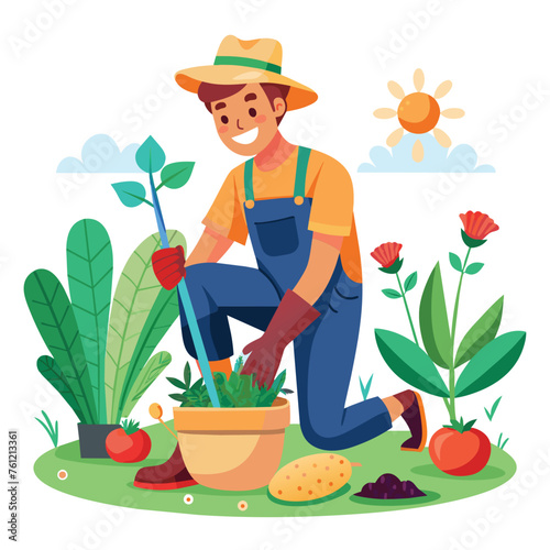 Gardener working in the garden. Flat style vector illustration.
