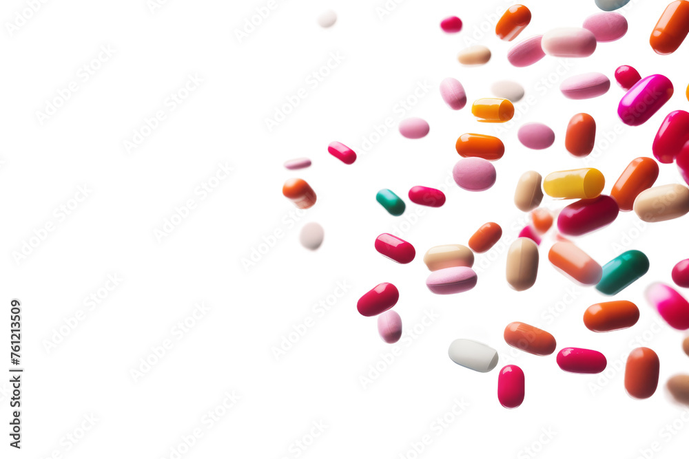 Colorful Pills Falling Into the Air. On a Transparent Background. Colorful Pills Falling Into the Air. On a Transparent Background.