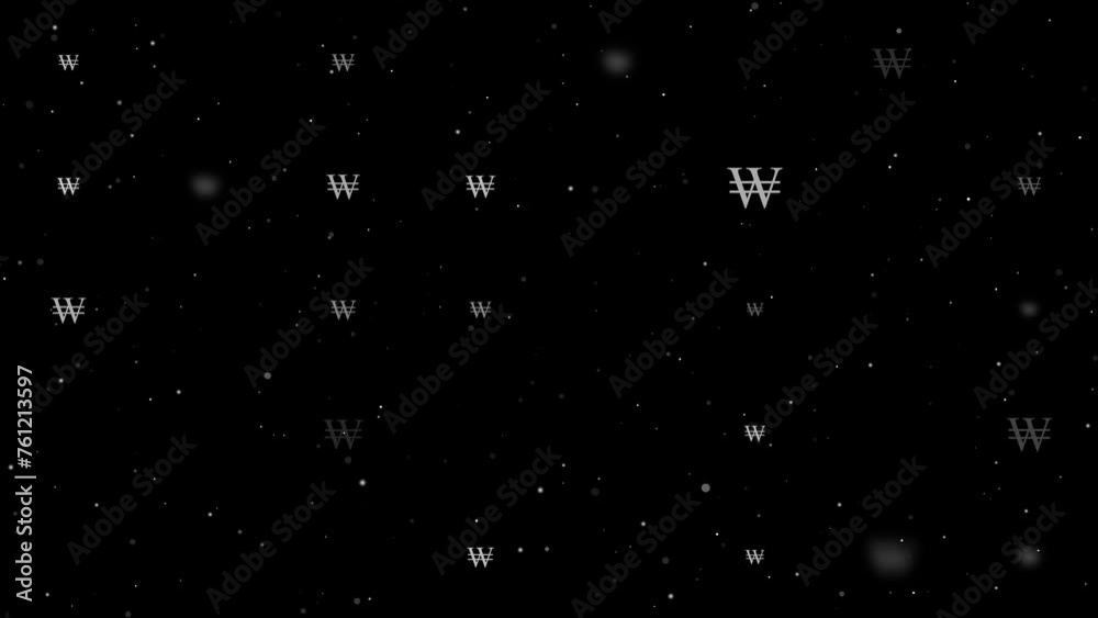 Template animation of evenly spaced Korean won signs of different sizes and opacity. Animation of transparency and size. Seamless looped 4k animation on black background with stars Template animation of evenly spaced Korean won signs of different sizes and opacity. Animation of transparency and size. Seamless looped 4k animation on black background with stars