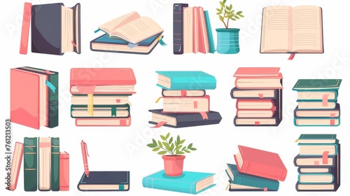 The set consists of paper books, notebooks, diaries, textbooks, magazines, journals, notepads, note pads, planners. Isolated flat modern illustrations for reading and learning.