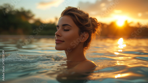 Portrait of a beautiful young woman relaxing in swimming pool at sunset