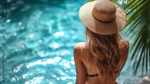 Beautiful young woman in hat relaxing in swimming pool on sunny day