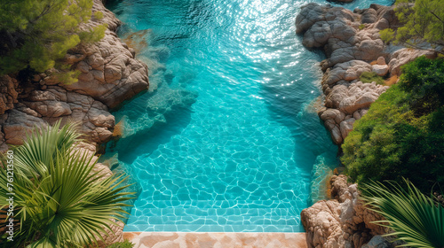 Aerial view of swimming pool with turquoise water and palm trees.