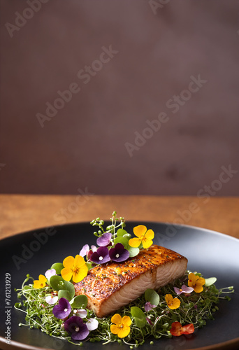 Grilled salmon fillet with edible flowers and microgreens.