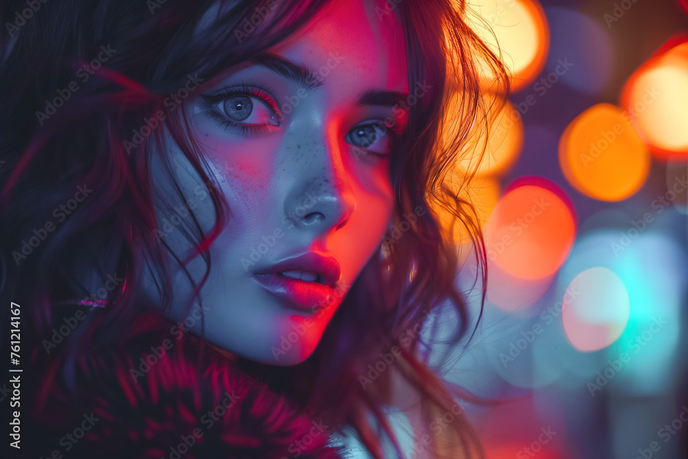 Striking close-up of a young woman with mesmerizing eyes and vibrant neon lights reflecting on her skin