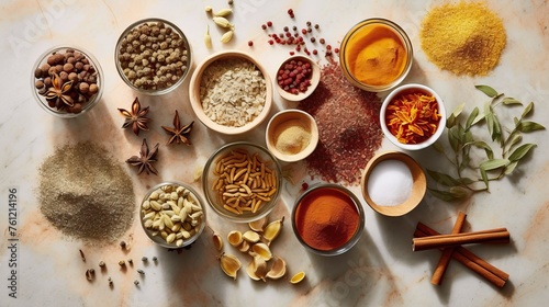 Wallpaper Mural Spices. Photo of fresh herbs. Assortment of fresh and dried seasonings and herbs on a marble background. Torontodigital.ca