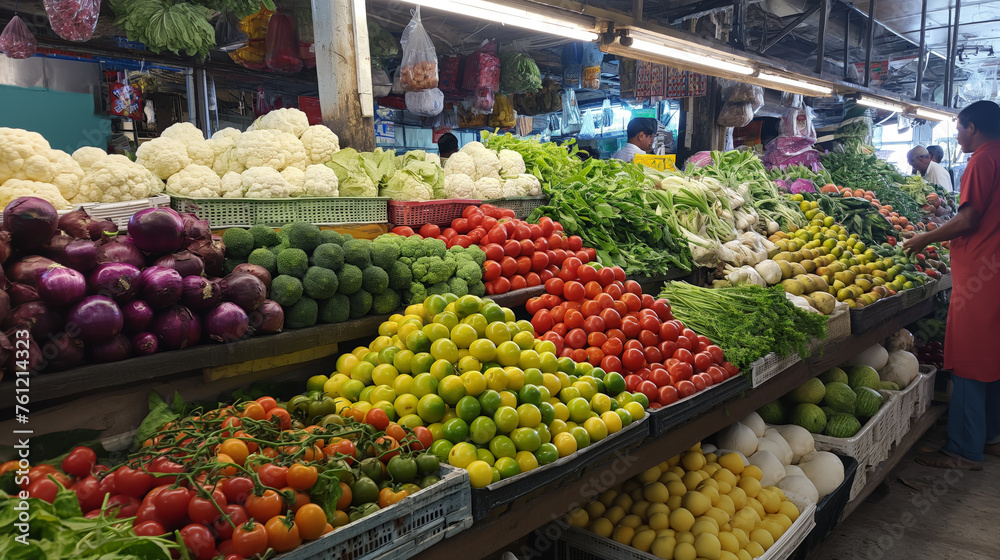 Colorful array of fresh vegetables neatly arranged on shelves by local vendors in India