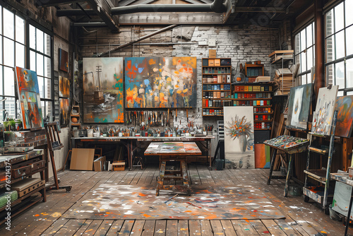 An art studio with multiple vibrant canvases and a plethora of paint supplies in a creative and slightly chaotic workspace setting photo