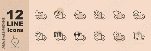 Delivery line icon set. Courier, mail, cargo transportation, logistics, goods, internet, store, furniture, food, transport company. Pastel color background. Vector line icon for Business