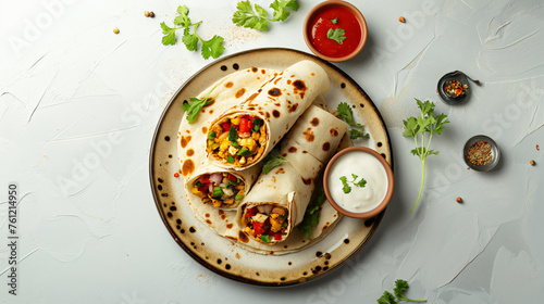 Flavorful Indian Veg Chapati Wrap with Dips, Top View, Light Sky Concrete Background