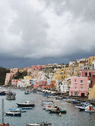 Coastal view of old historic Italian architecture. Traditional European old town buildings in Procida Island, Italy. Vacation travel background