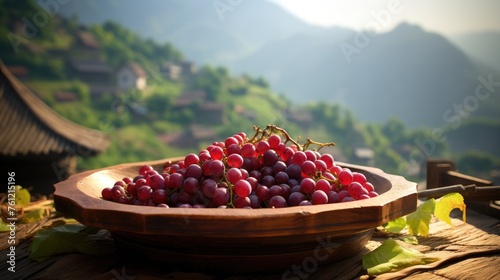 colorful grapes in wood basket on glass table, outdoor view, mountains, photo-realistic, 