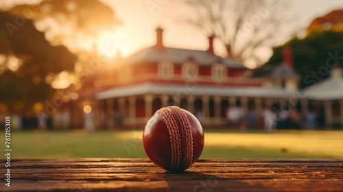 Closeup of a red cricket ball laying on a green grass photo