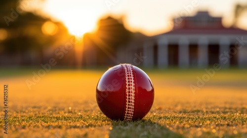 Closeup of a red cricket ball laying on a green grass photo
