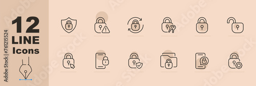Keyhole icon set. Smartphone, folder, protection, password, connection, danger, hacking. Pastel color background. Vector line icon for Business