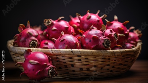 Dragon fruit in a wooden basket on a wooden table