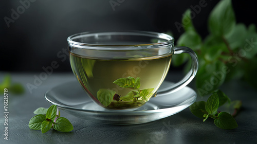 A soothing cup of Holy Basil or Tulsi Tea is served in a glass cup with saucer