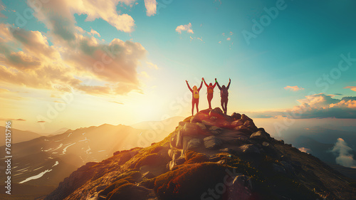A group of people are standing on a mountain, holding hands and smiling. The sun is shining brightly, creating a warm and positive atmosphere. Concept of unity and camaraderie among the group