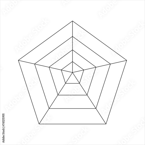 Pentagon diagram divided on equal segments. Statistics or analytics graph, radar or spider chart, wheel of life or habits tracker template isolated on white background. Vector graphic illustration