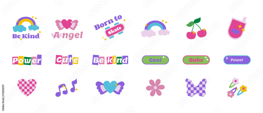 Trendy stickers collection in y2k style. Butterfly 2000s, flowers, hearts, glamour vintage icons, Cute, Be kind, Power phrases. Vector Trendy stickers collection in y2k style. Butterfly 2000s, flowers, hearts, glamour vintage icons, Cute, Be kind, Power phrases. Vector
