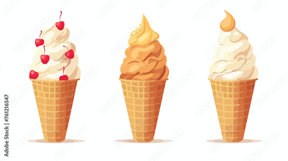 Delicious soft ice cream in waffle cone in flat vector