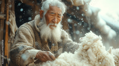 Old man working with wool in traditional way