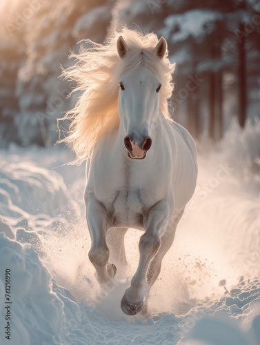 White shetland pony running in the snow in winter
