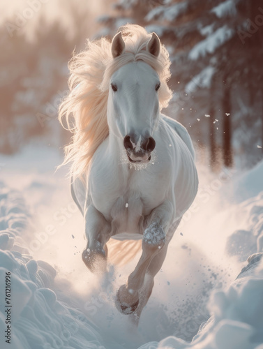 White horse runs gallop in the snow