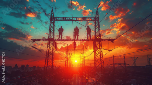 Silhouette of the workers on electric pole at sunset. photo