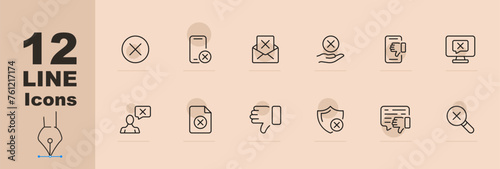 Cancel icon set. Message, thumbs down, magnifying glass, prohibition, smartphone, parental control. Pastel color background. Vector line icon for Business