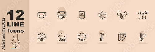 Ventilation icon set. Air, temperature, air conditioning, humidity, germs. Pastel color background. Vector line icon for Business