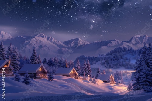 A snow-covered village nestled among mountains under a starry night sky.