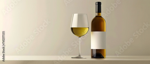 Bottle white wine and glass on a table, minimalist mock up, white label, clean canvas, promotion