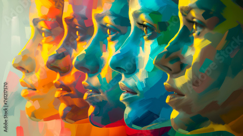 Spectrum of colorful abstract profiles in alignment. Personality tests and personal identification. Vibrant faces in a row, emotional diversity. Colorful streaked profiles representing varied personas