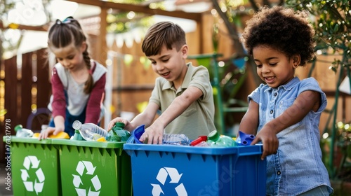 A diverse group of young children are enthusiastically sorting plastic waste into colorful recycling bins in a garden, learning the value of environmental responsibility.