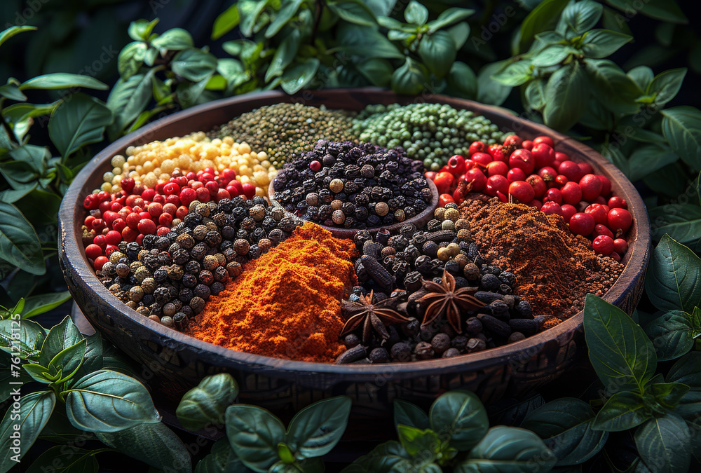 Variety of colorful spices. Spices and peppers arranged in a bowl